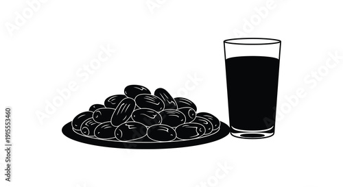 A simple black and white illustration depicts a glass of dark liquid with dates on a plate silhouette high quality professional