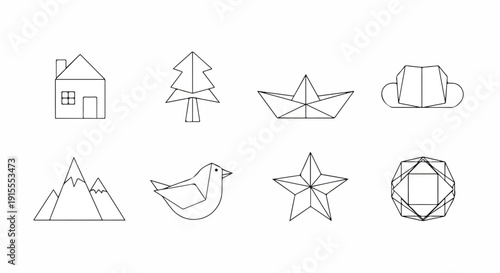 A collection of simple line drawings including geometric shapes and nature-inspired designs Vector
