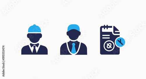 Modern Business and Professional Vector Icons: Worker, Businessman, and Document with Time, Money, and Settings Symbols for HR, Finance, and Project Management.
