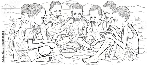 Children gathered together, eating from bowls with spoons in a dry, outdoor setting