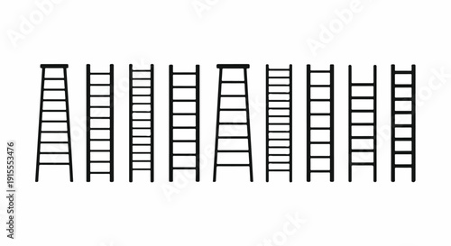 A collection of ladders in various sizes and orientations arranged in a row. Vector