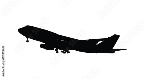 A dark stark silhouette of a large passenger airplane in flight against a plain white background silhouette high quality