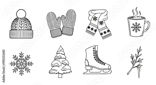 Winter essentials and activities illustrated in a minimalist style Vector