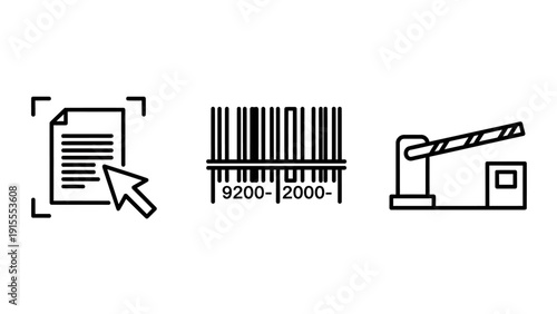 Digital Document Management and Access Control Icons: File Selection, Barcode Scanning, and Entry Barrier Symbols for Automation