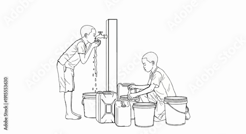 Children collecting water from a tap, one drinking, the other filling containers