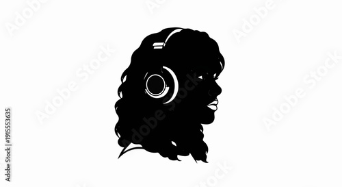 Black silhouette profile of a person with curly hair and headphones