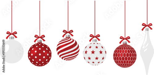 Red and white Christmas hanging ornaments set, festive holiday baubles decoration, winter celebration background, isolated modern vector illustration
