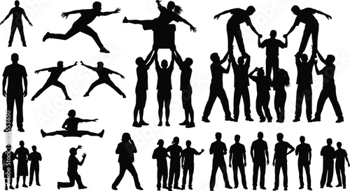 Collection of various human silhouette poses and actions in black on white background silhouette