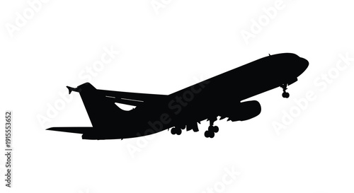 A stark black silhouette of a commercial passenger airplane in mid flight against a white background silhouette high quality professional