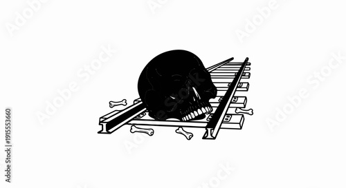 Black skull and bones lie on railroad tracks against white background