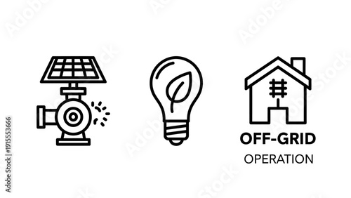 Sustainable Energy Solutions Icons: Solar Pump, Green Lightbulb, and Off-Grid Operation for Eco-Friendly Living and Renewable Power Systems.