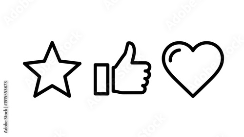 Positive Feedback and Social Media Engagement Icons: Star Rating, Thumbs Up Like, and Heart Favorite Symbols for User Experience.