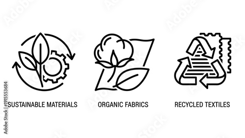 Sustainable and Eco-Friendly Materials Icons: Organic Fabrics, Recycled Textiles, and Sustainable Production Symbols for Environmental Responsibility.