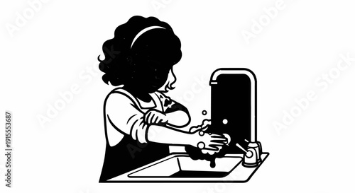 Child washing hands at sink with running water and soap dispenser