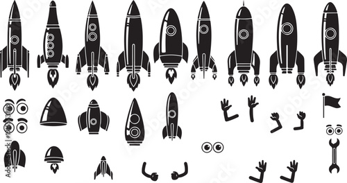 Collection of minimalist cartoon rocket silhouettes and space character elements for kids
