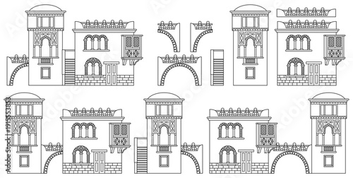 Set of stylized ancient Middle Eastern buildings in line art style. Perfect for games, travel guides, architecture projects, or historical infographics. Hand drawn vector illustration