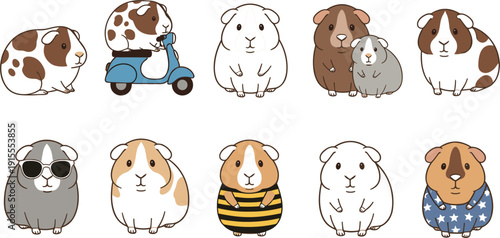 Cute Guinea Pig Cartoon Character Set with Funny Costumes, Scooter, and Adorable Pet Rodents for Children Illustration and Animal Design Projects
