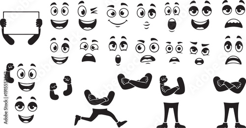 Set of minimalist cartoon faces with various expressions, cute emoji vector collection.