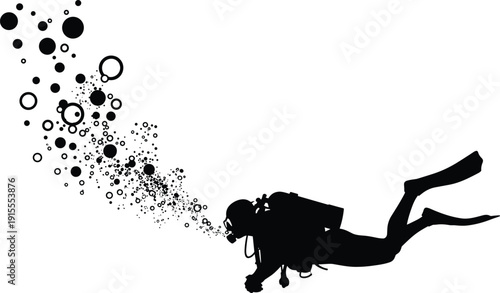 Scuba diver silhouette vector illustration, underwater diving icon, black aquatic artwork, bubbles design element, ocean exploration graphic, marine sport symbol