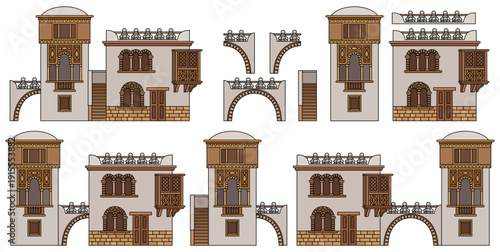 Set of stylized ancient Middle Eastern buildings in paper cut style. Perfect for games, travel guides, architecture projects, or historical infographics. Hand drawn vector illustration