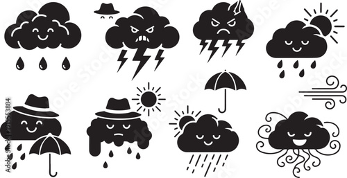 Cute minimalist cartoon cloud characters with different weather expressions, rain and storm icons