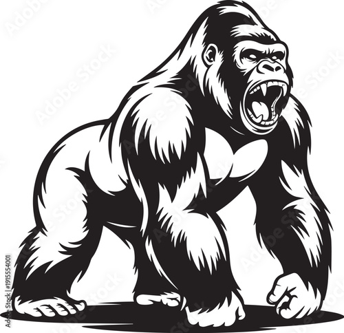 Monochrome angry gorilla aggressive ape animal mascot for sports team or gym logo design on transparent background