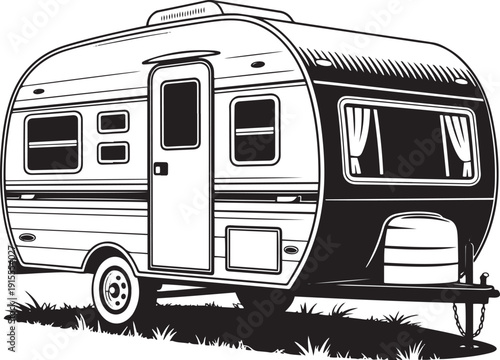 Vintage caravan trailer parked in grassy field with sunshine illustration
