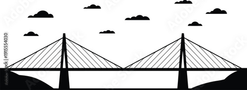 Bridge over river illustration, calm waterway with architectural structure connecting land across scenic countryside environment and travel destination concept.