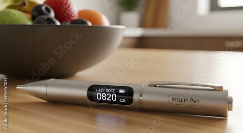 Insulin pen with digital display on wooden table next to fruit bowl medical device diabetes management