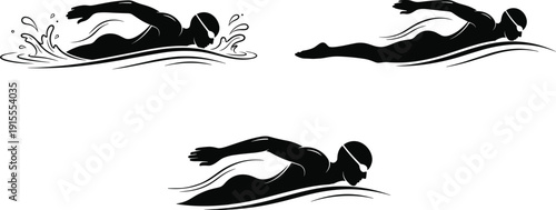 Swimmer silhouette vector illustration, freestyle stroke icons, black sports artwork, swimming motion design, athlete graphic, water splash symbol, aquatic activity
