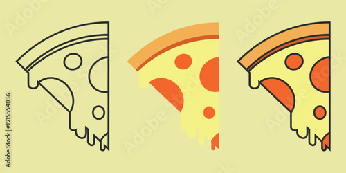 Set of Three Pizza Slice Illustrations in Different Styles - Sketch Outline, Flat Color, and Cartoon. Ideal for Pizzeria, Menus, or Food Apps.