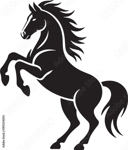 Stylized silhouette of a rearing horse with flowing mane and tail