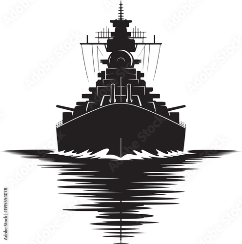 Front view silhouette of a battleship sailing on water with reflection