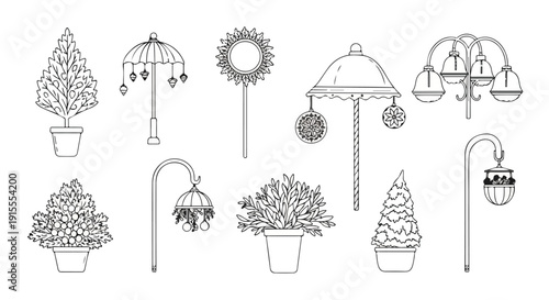 A collection of various hanging basket designs and decorations for outdoor spaces Vector