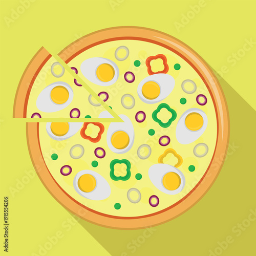 Illustration of a Portuguese Pizza with Mozzarella, Boiled Egg, Bell Peppers, Onion Rings, Peas, and Tomato Sauce. Ideal for Fast Food and Menu Designs. Flat Design, Vector.