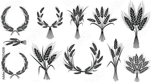 Wheat silhouette vector illustration, harvest icons, agricultural artwork, grain design elements, farm crop graphic, rustic wreath symbol, rural abundance logo