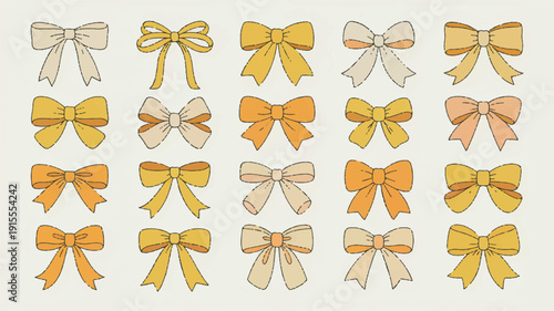 Diverse collection of hand-drawn yellow bow and ribbon illustrations in various sizes, organized in a grid for creative projects