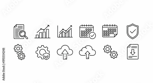 Collection of icons representing various aspects of data analysis and cloud computing Vector