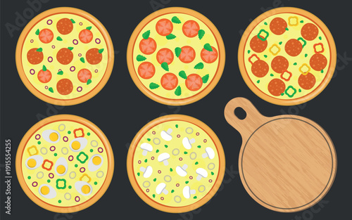 Illustrations of 5 Different Pizza Flavors - Classic, Margherita, Pepperoni, Portuguese and Mushroom. Pizza Board Included. Ideal Vector for Fast Food and Menu Designs.