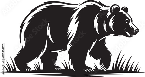 Grizzly bear walking through grass silhouette illustration of powerful wild animal predator