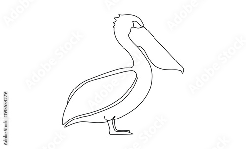Pelican bird standing still along coastal shoreline showing elegant continuous line design