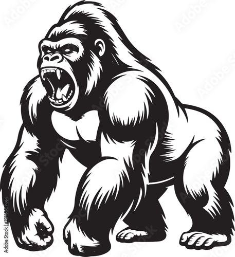 Angry gorilla mascot silhouette roaring with aggressive expression and powerful muscular stance