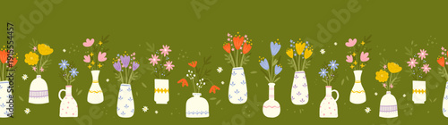 Fun hand drawn flowers in vases seamless pattern, cute floral pattern with retro colors, Mother's day - great for wallpapers, fabrics, backgrounds - vector