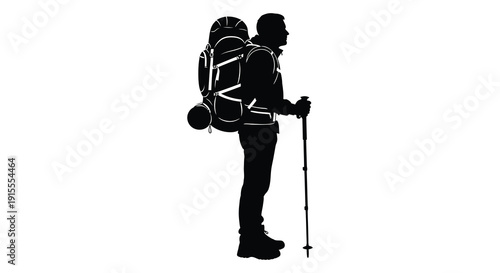 A lone hiker stands with a large backpack and trekking poles capturing a moment of outdoor adventure silhouette