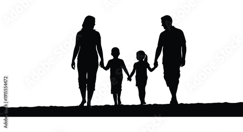 A family of four including two young children walk hand in hand against a bright minimalist background silhouette high quality professional