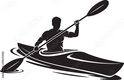 Kayak water sport silhouette with an athlete paddling boat on water surface for recreation