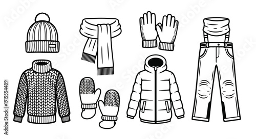 Winter clothing collection featuring scarves, mittens, hats, and more Vector