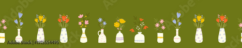 Fun hand drawn flowers in vases seamless pattern, cute floral pattern with retro colors, Mother's day - great for wallpapers, fabrics, backgrounds - vector