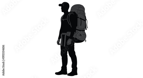 A lone hiker stands with a large backpack facing left depicted as a striking black silhouette high quality professional