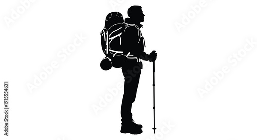 A solitary hiker with a large backpack and trekking poles stands in profile a striking silhouette high quality professional